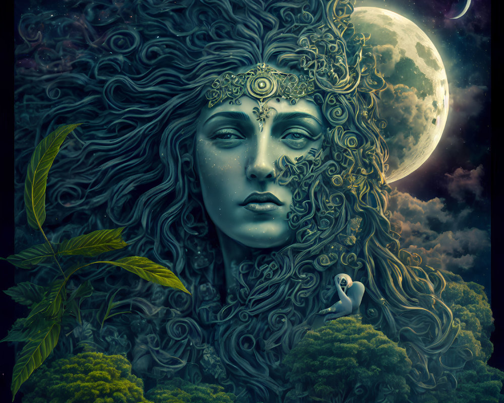 Portrait of woman with elaborate headpiece merging with night sky, full moon, clouds, and bird.