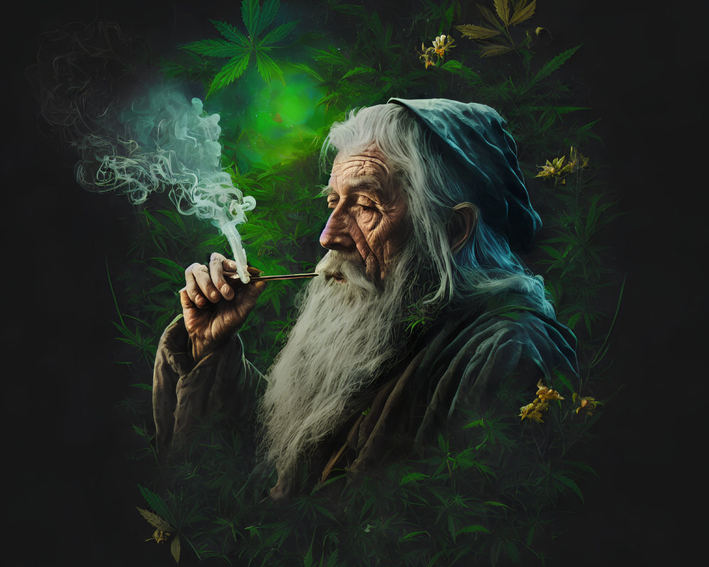 Elderly wizard with pipe in cannabis-themed setting