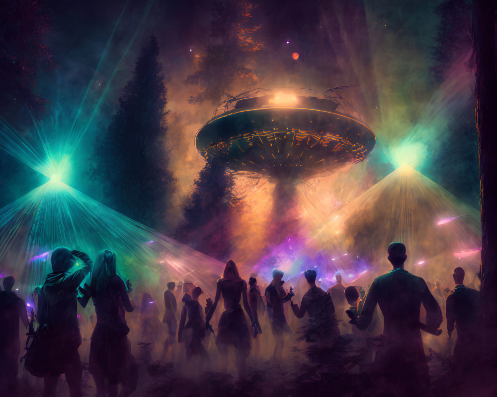 Large UFO with colorful beams observed by crowd in misty forest at night
