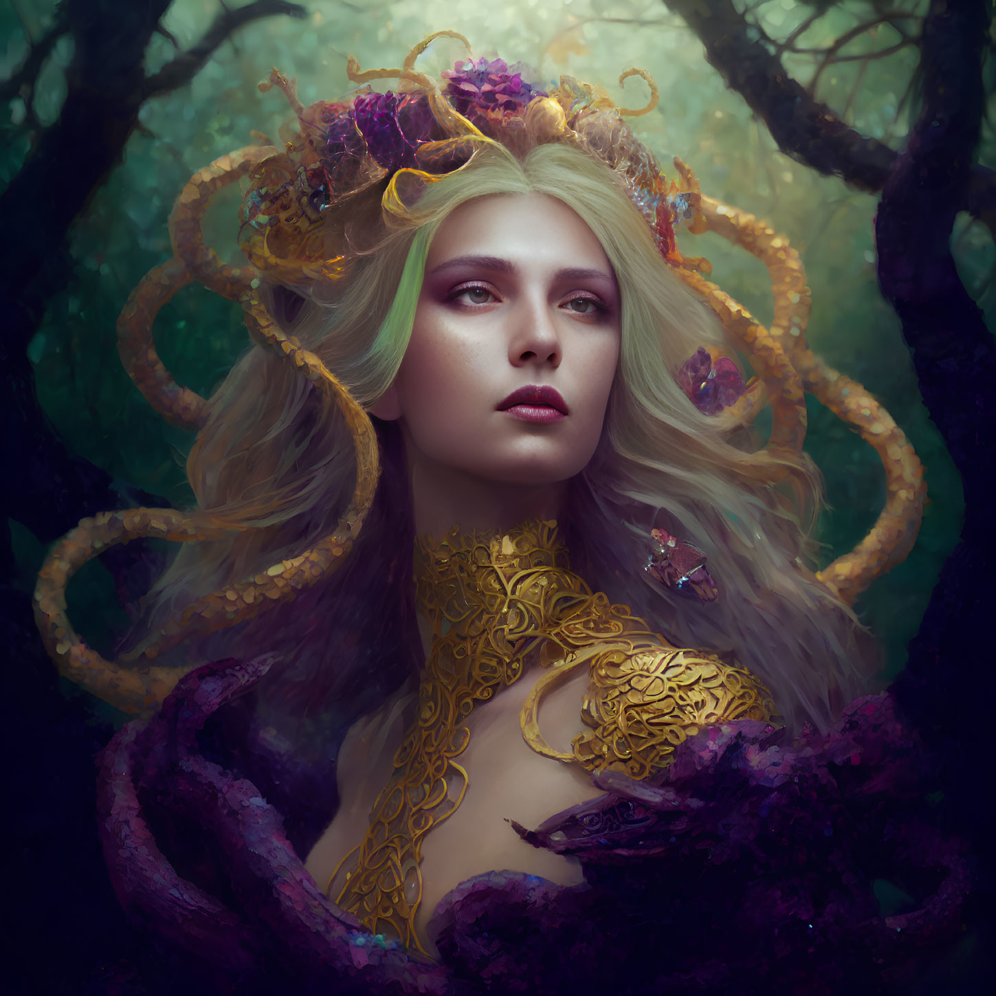 Portrait of woman with pale skin and white hair, wearing purple flower crown amidst dark vines