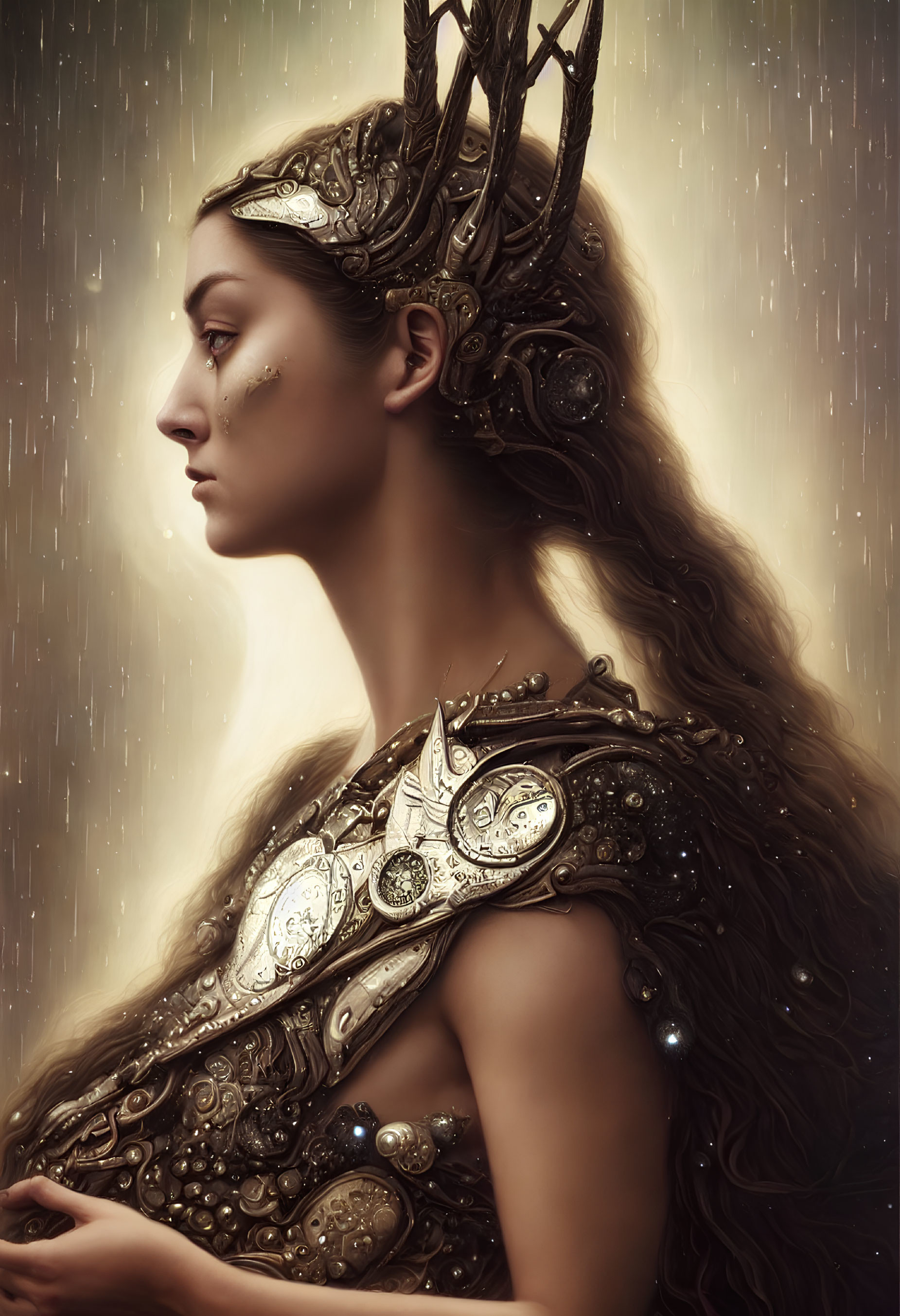 Profile view of woman in ornate metallic headdress and armor against glowing backdrop