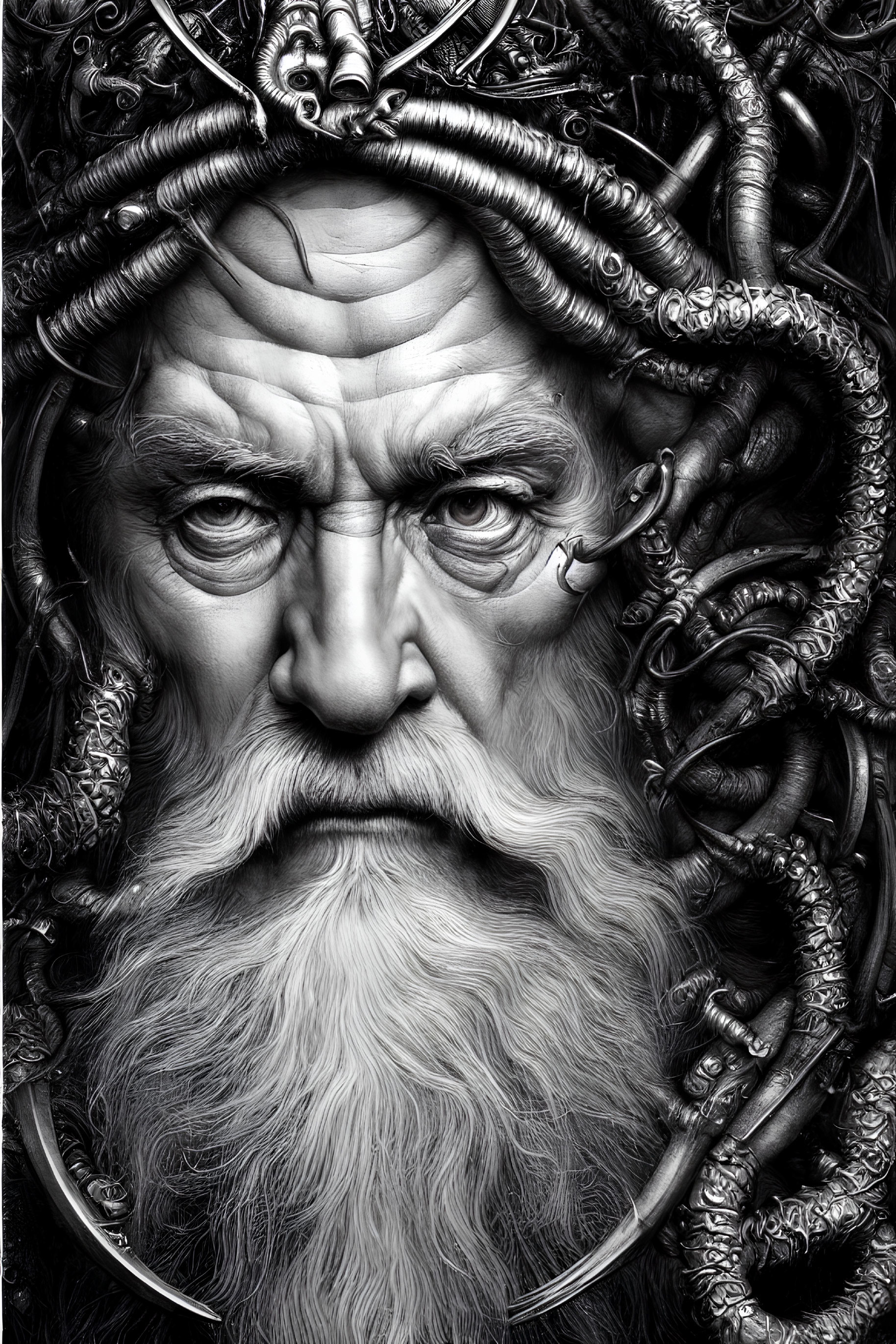 Monochrome portrait featuring older man with beard and intricate snake-like designs
