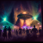 Large UFO with colorful beams observed by crowd in misty forest at night