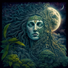 Portrait of woman with elaborate headpiece merging with night sky, full moon, clouds, and bird.