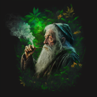 Elderly wizard with pipe in cannabis-themed setting