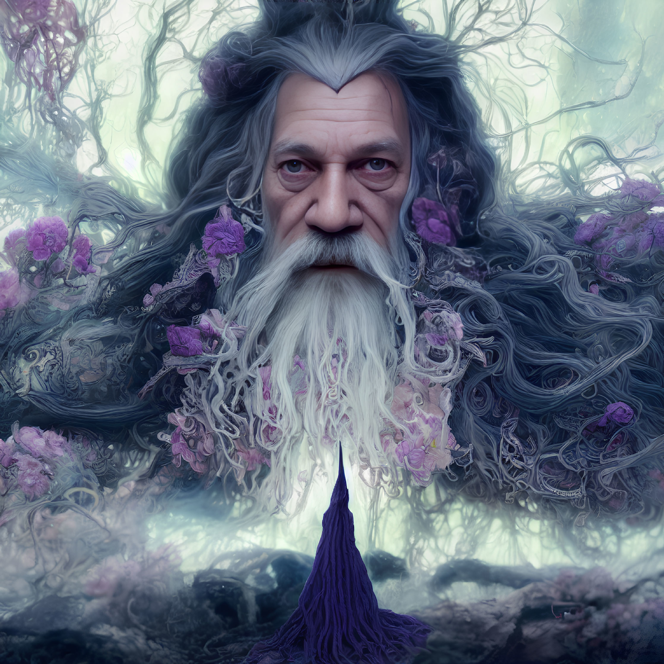 Elderly Man with Intricate Beard in Mystical Forest Setting