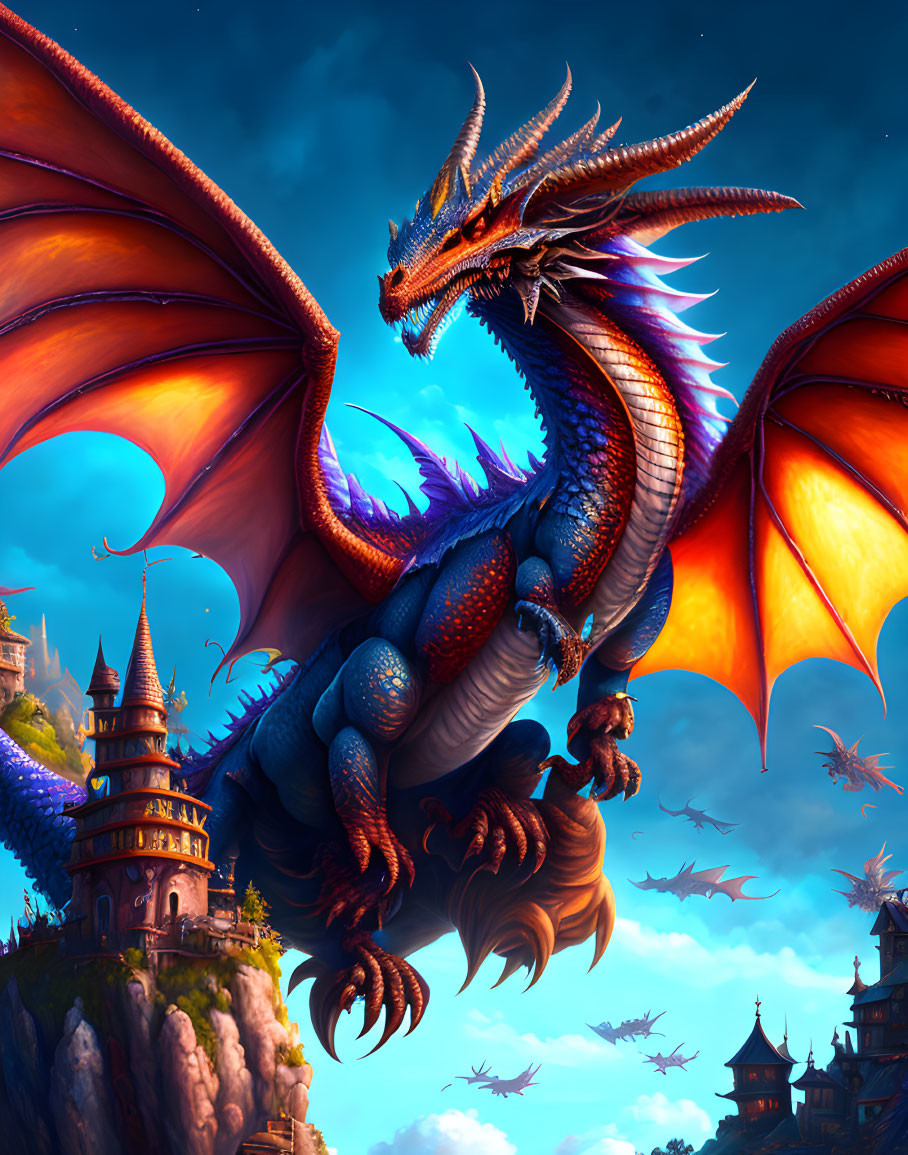 Fantasy dragon above a village