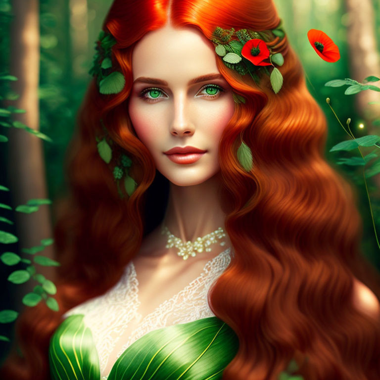 Red head with poppies