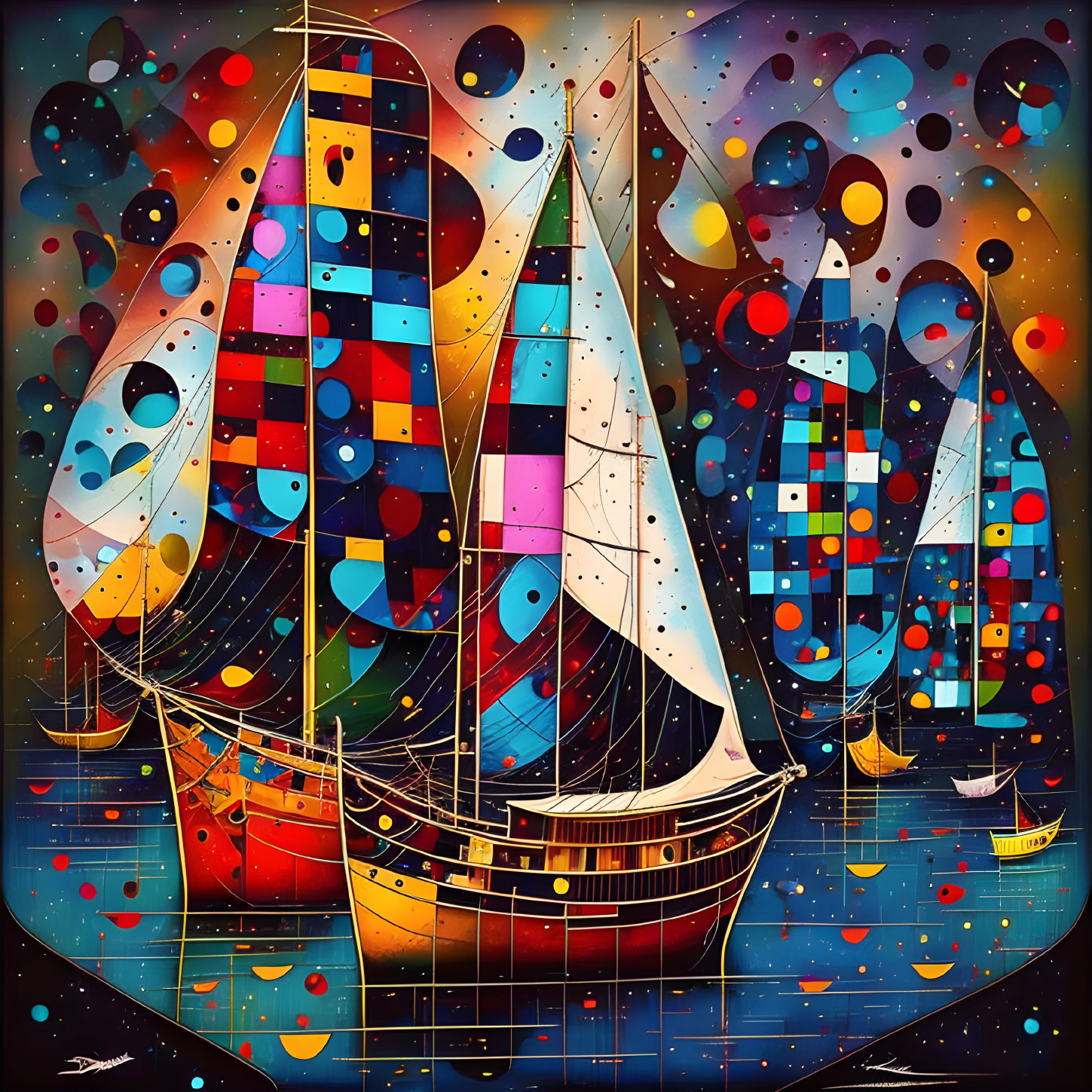 Vibrant abstract sailboat art on sea with night sky circles & stars