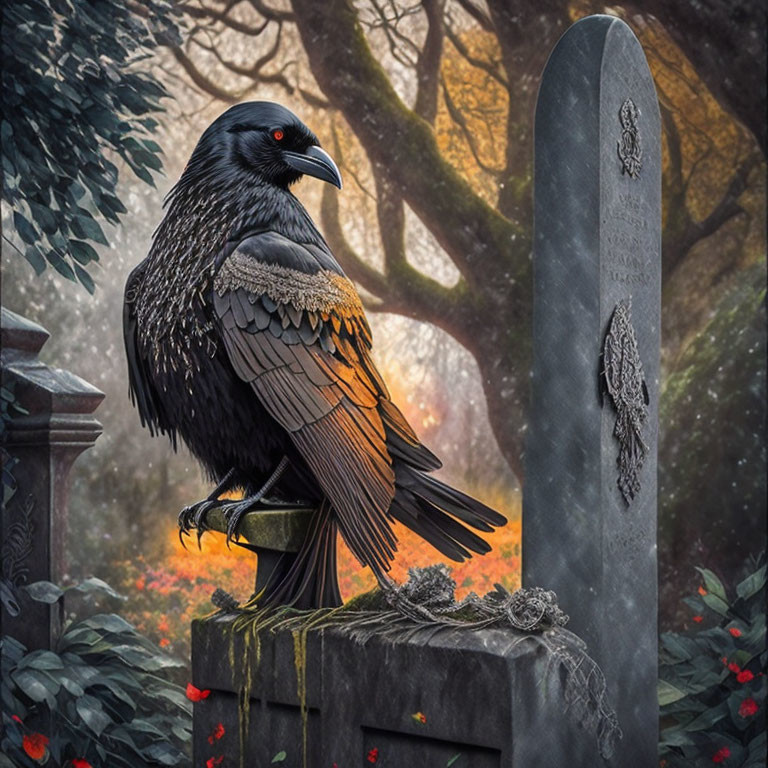 Detailed Raven Perched on Tombstone in Misty Autumn Graveyard