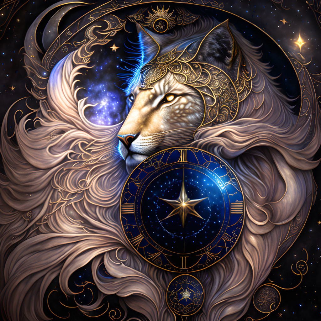 Majestic lion with cosmic mane and zodiac signs in starry night sky