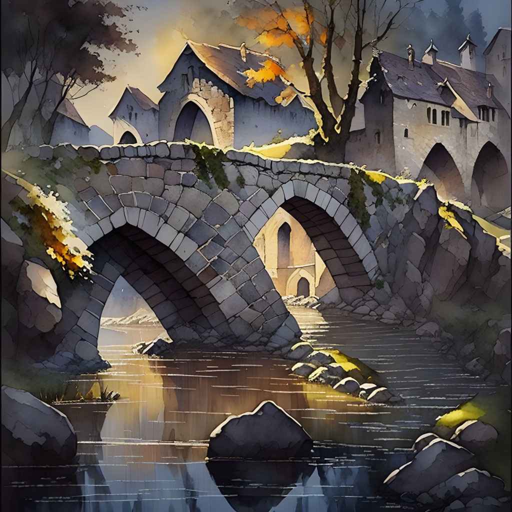 Old Stone Bridge Over Tranquil River in Medieval Village at Evening