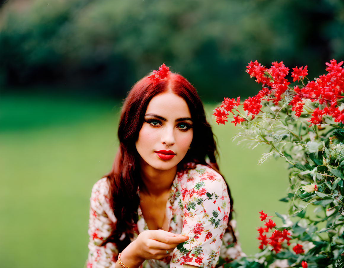 A beautiful girl in red flowers garden 