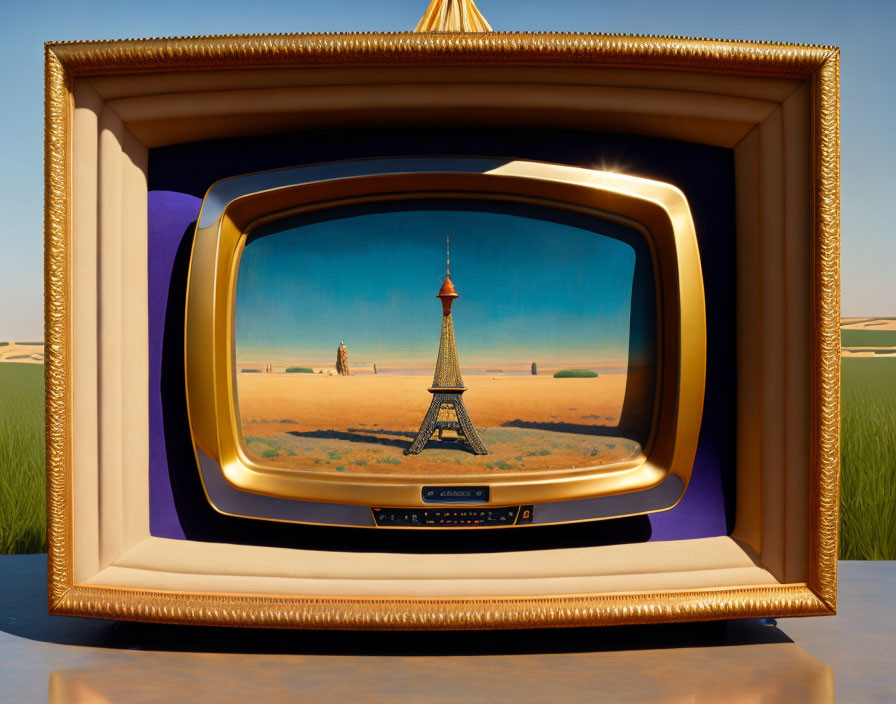 Vintage TV: Eiffel Tower in desert setting with ornate gold frame