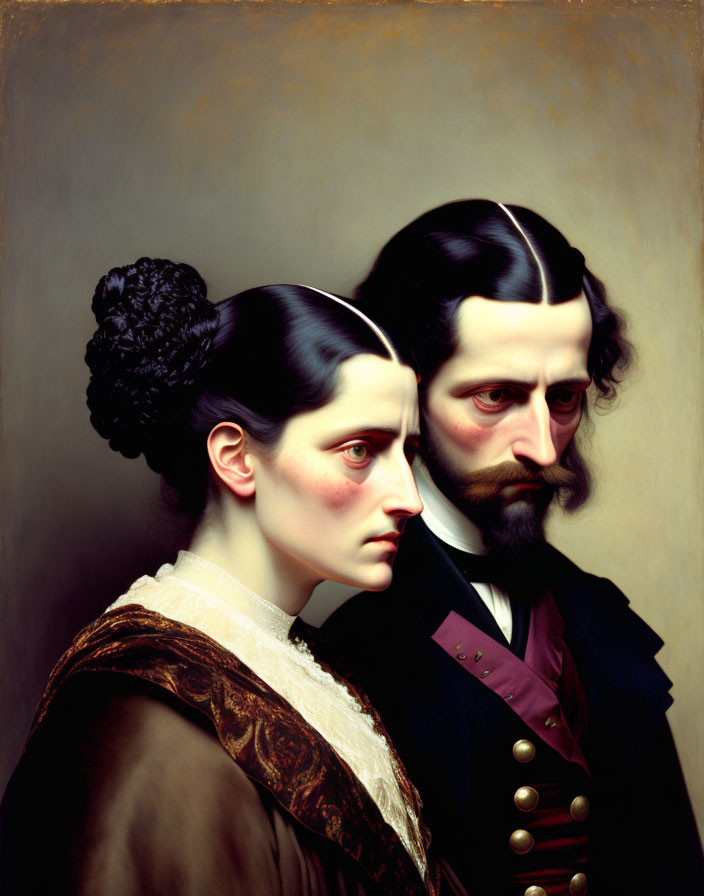 Hyper-realistic Victorian-era couple painting with somber expressions