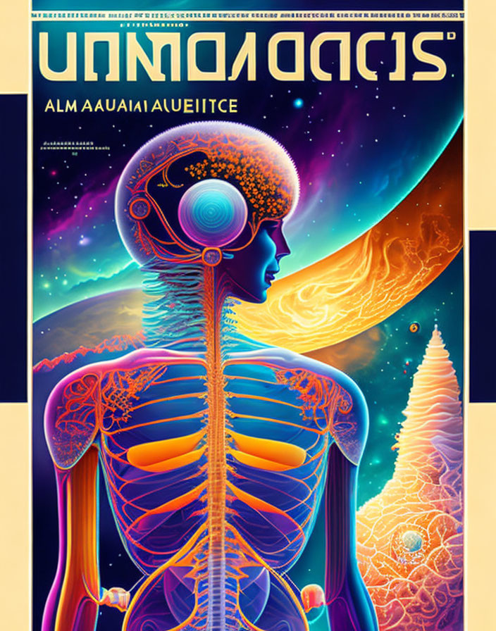 Detailed Human Anatomy and Cosmic Elements Poster with Intricate Designs