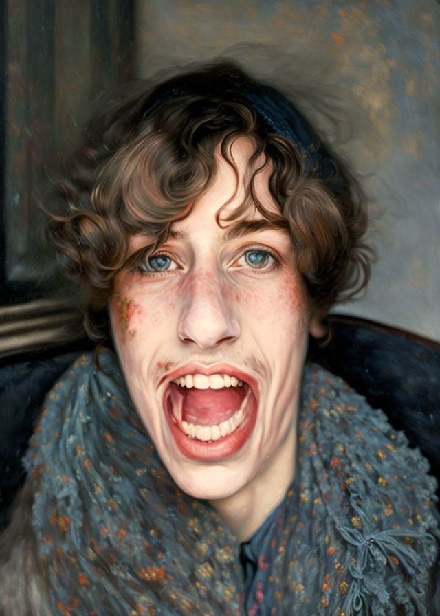 Person with Curly Hair and Blue Eyes Laughing with Freckles and Speckled Scarf