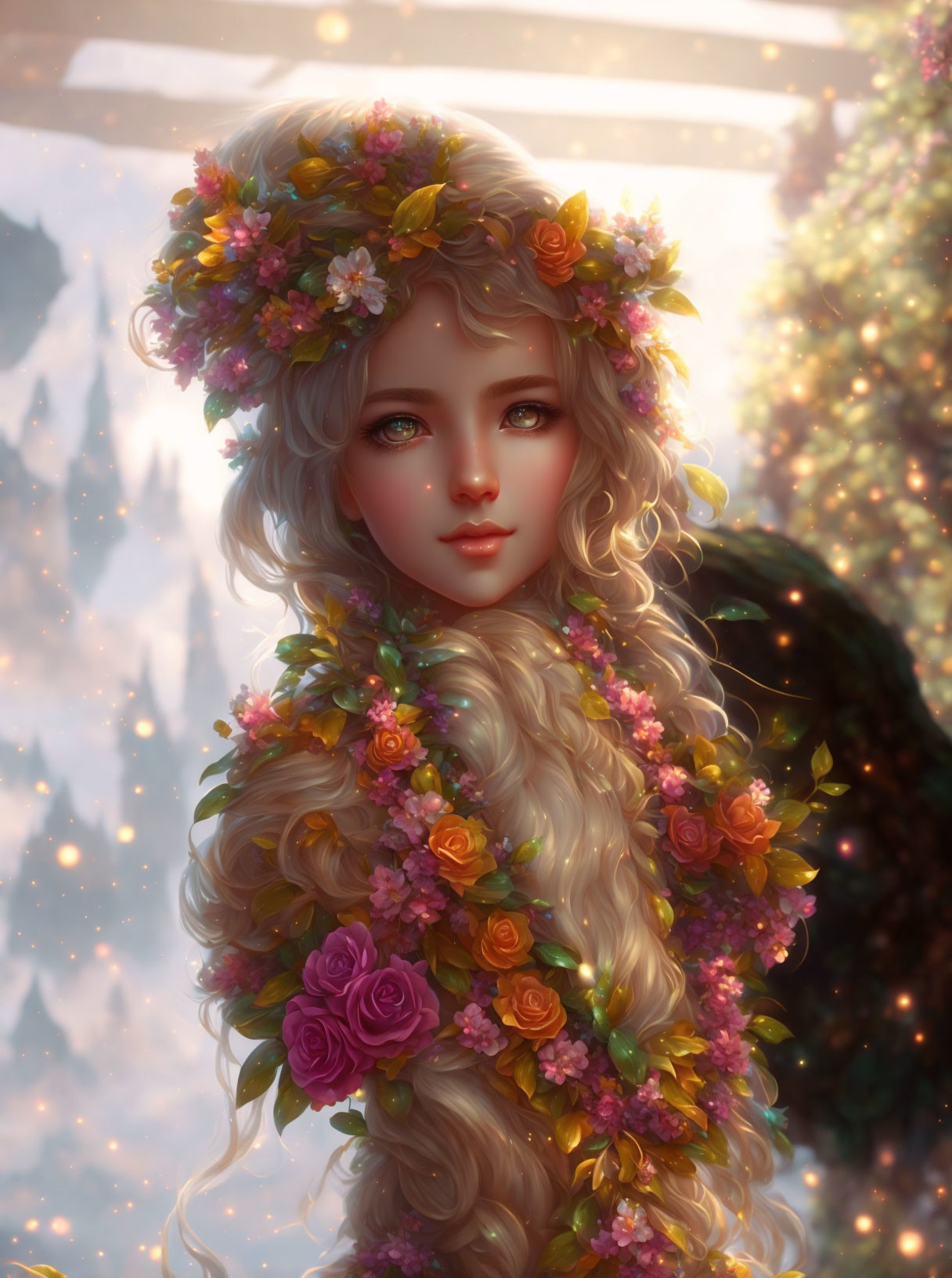 Woman with long blonde hair and floral crown in enchanting setting
