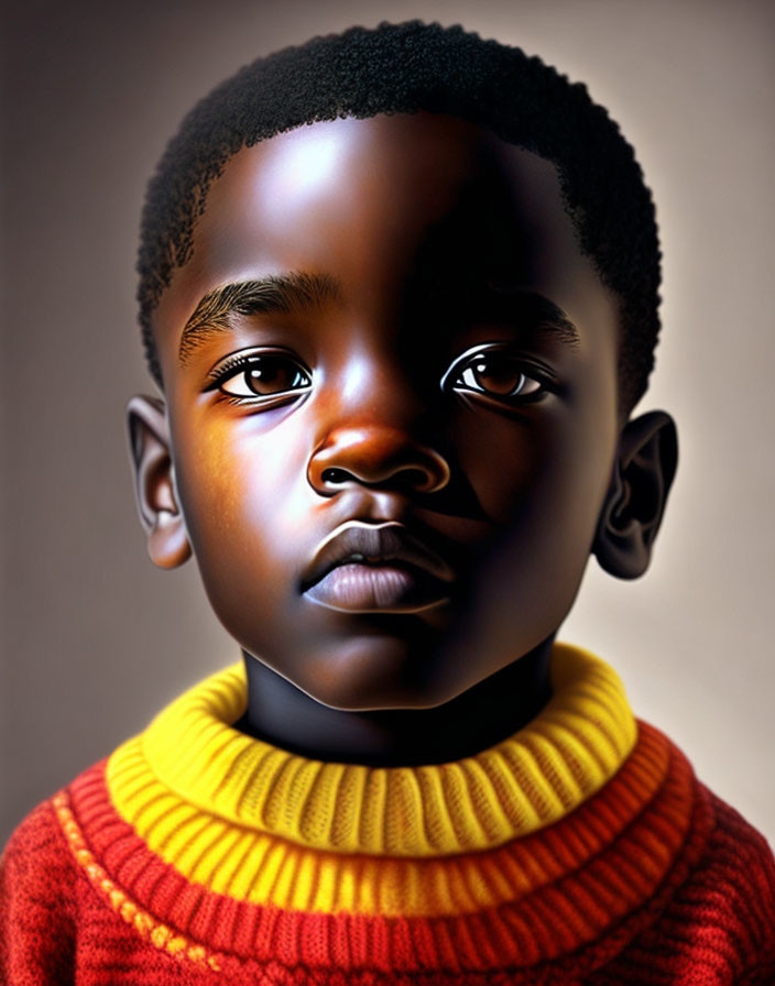 Digital Art Portrait of Young Boy with Solemn Expression in Yellow and Red Sweater