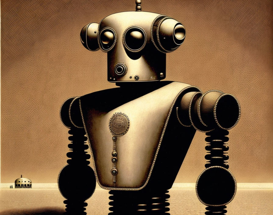 Vintage-style sepia-toned robot illustration with boxy torso and accordion limbs