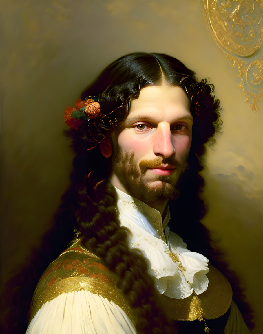 Portrait of person with long curly hair, beard, white blouse with gold details, and floral hair adorn