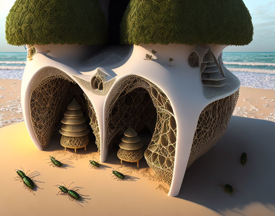 Fantasy-themed digital artwork: Skull-shaped structure, tree-like growths, sandy ground, beetle-like