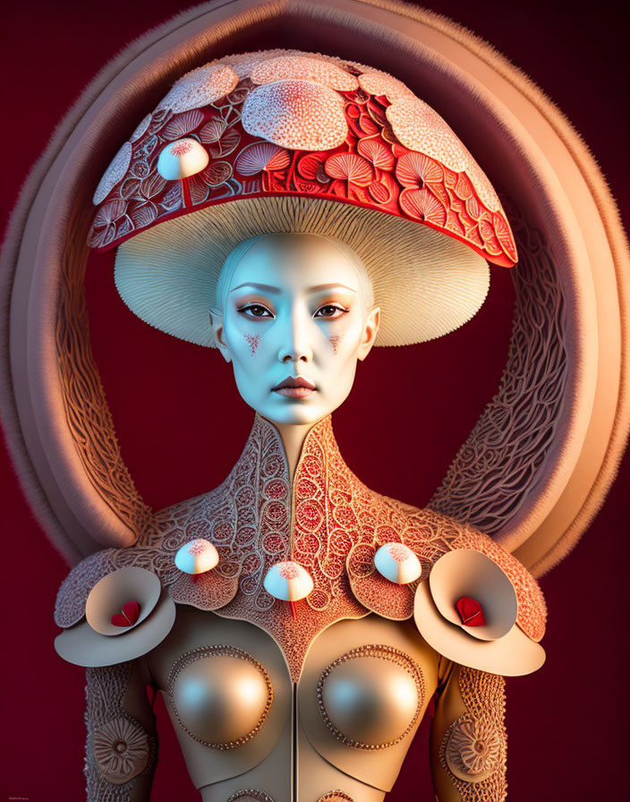 Surreal digital art: Pale-skinned female figure with intricate mushroom patterns