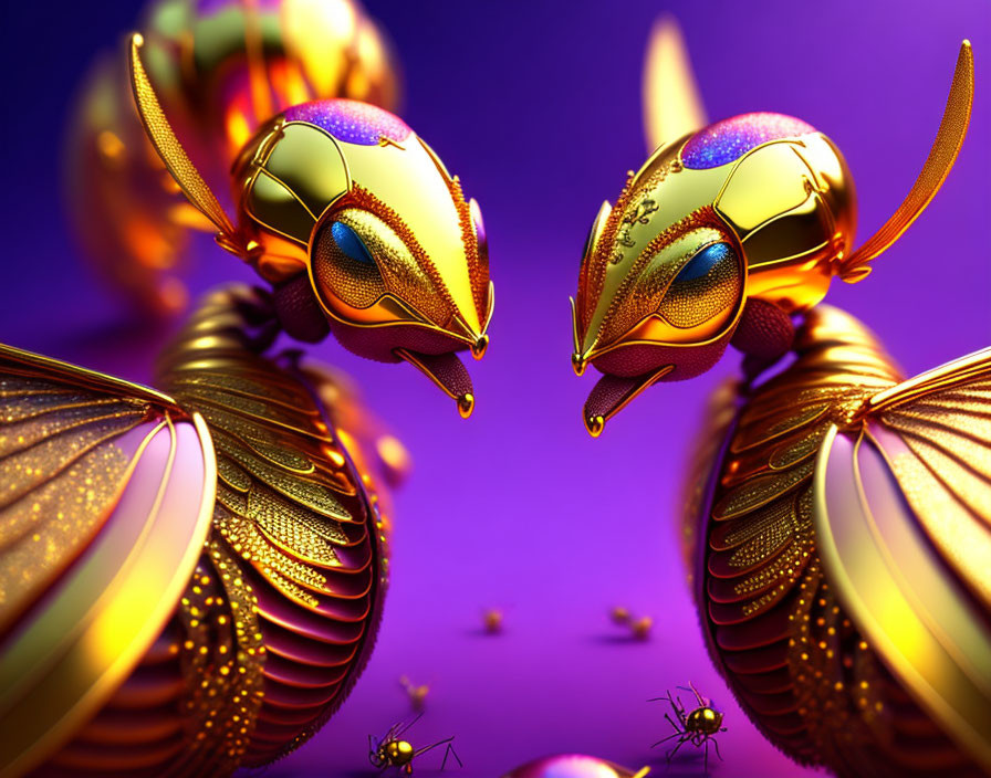 Golden Mechanical Insects with Patterned Wings on Purple Background