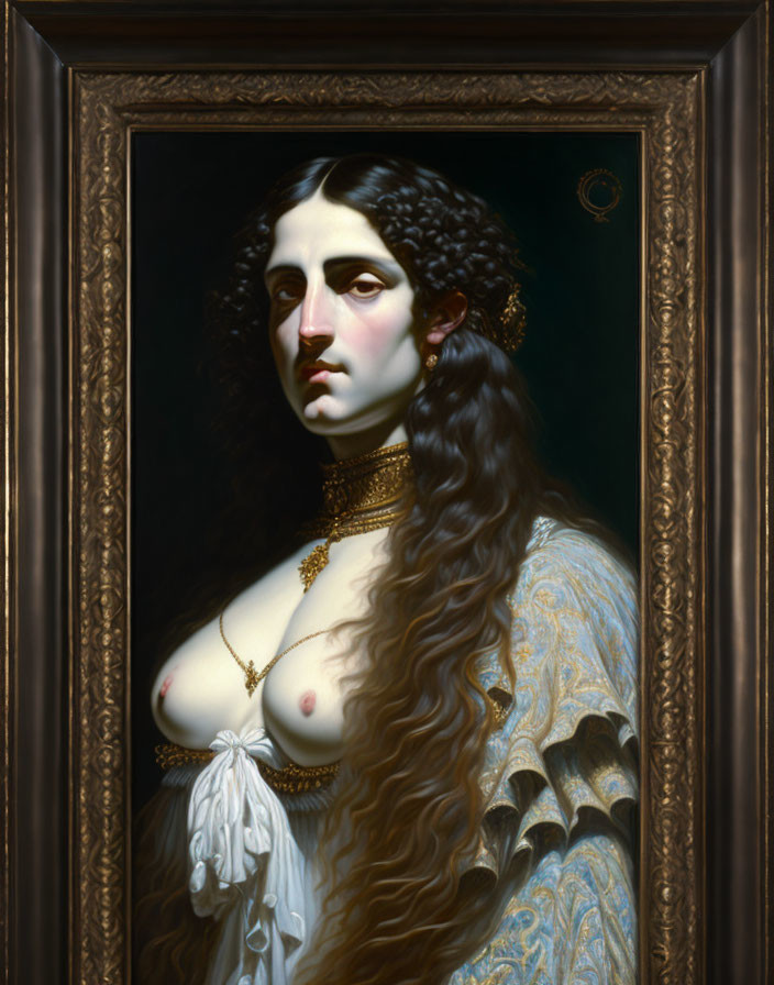 Classic portrait of woman with long dark hair in blue robe and ornate jewelry