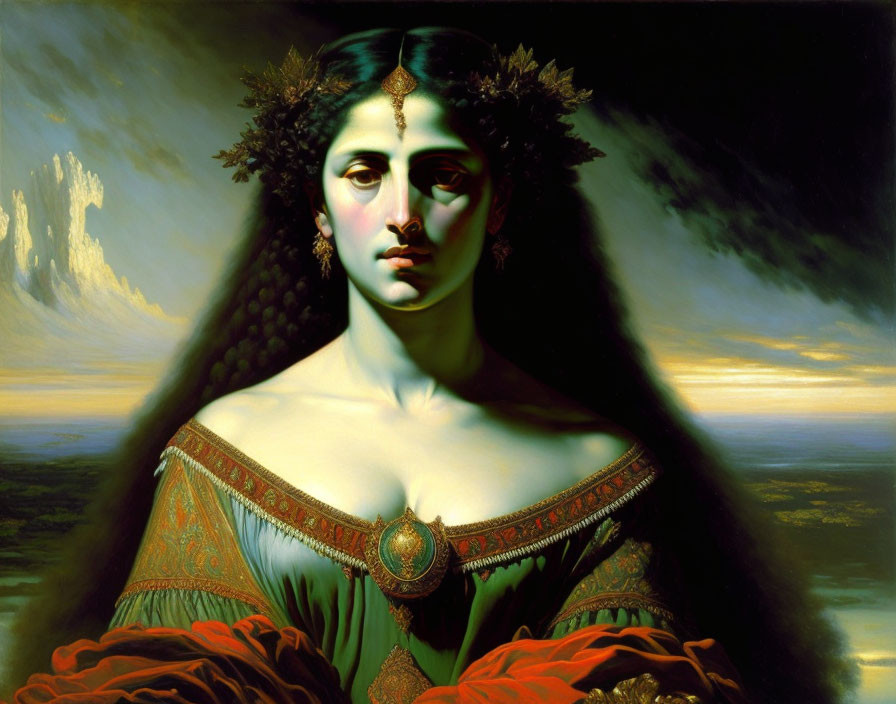 Portrait of Woman in Ornate Headpiece and Green Jeweled Dress against Dramatic Clouds