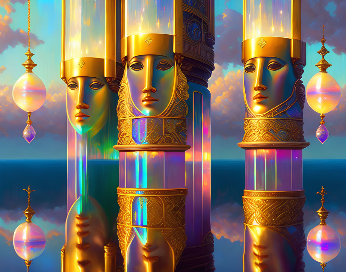Surreal illustration of gilded faces on towering structures at sunset