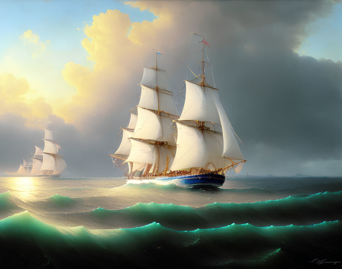 Majestic sailship on shimmering waves under dramatic sky