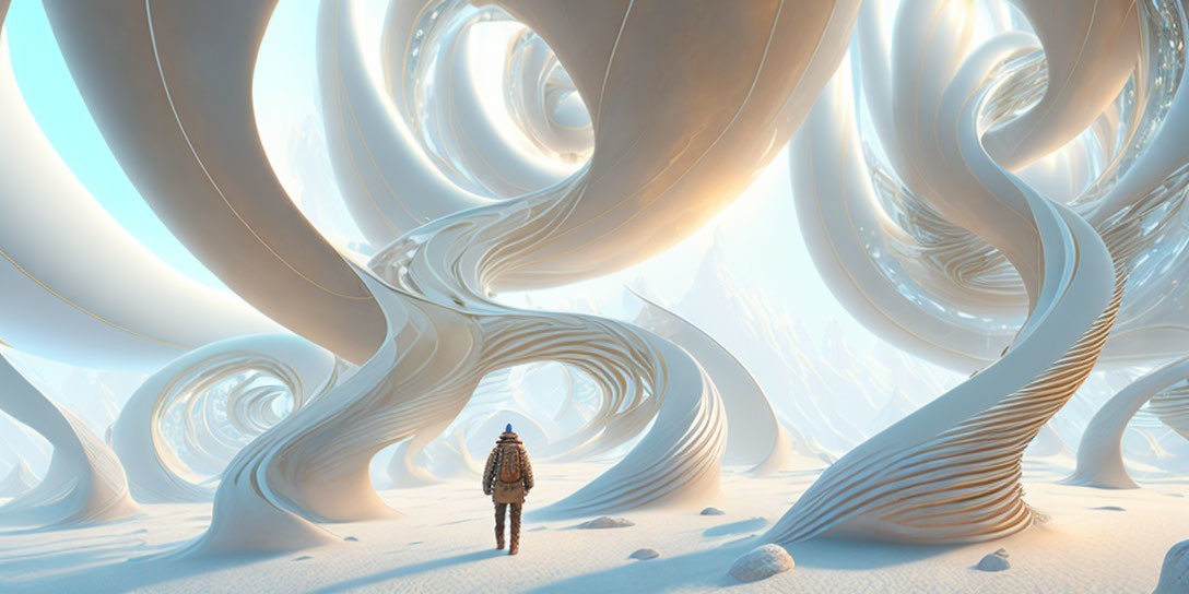 Surreal white landscape with towering spirals and swirling forms