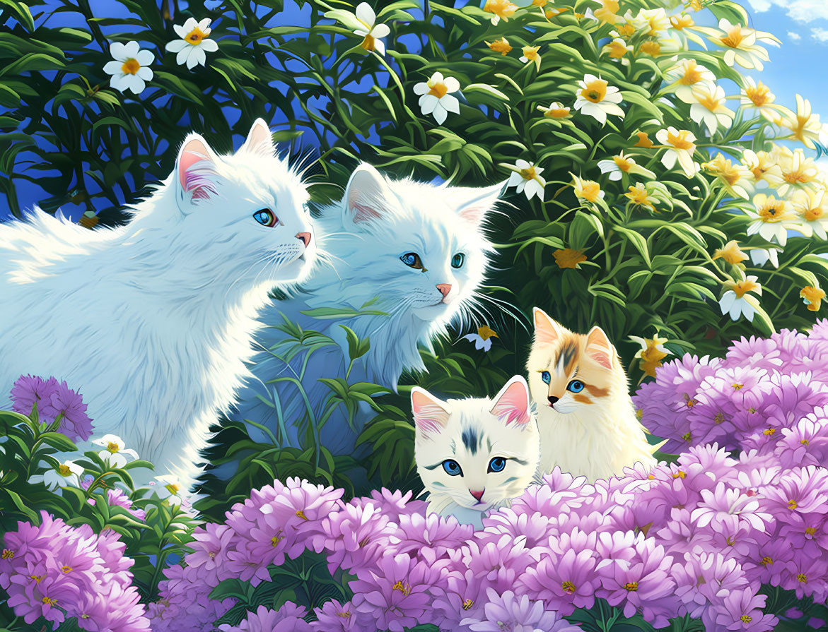 Four White and Cream Cats with Blue Eyes Among Colorful Blooms