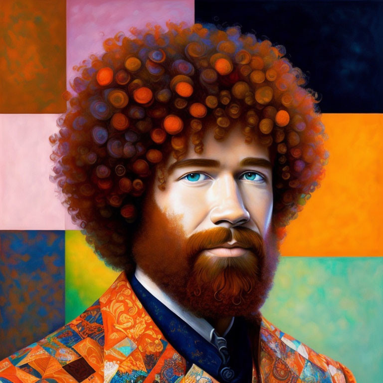 Vibrant portrait of a man with afro and beard against geometric backdrop