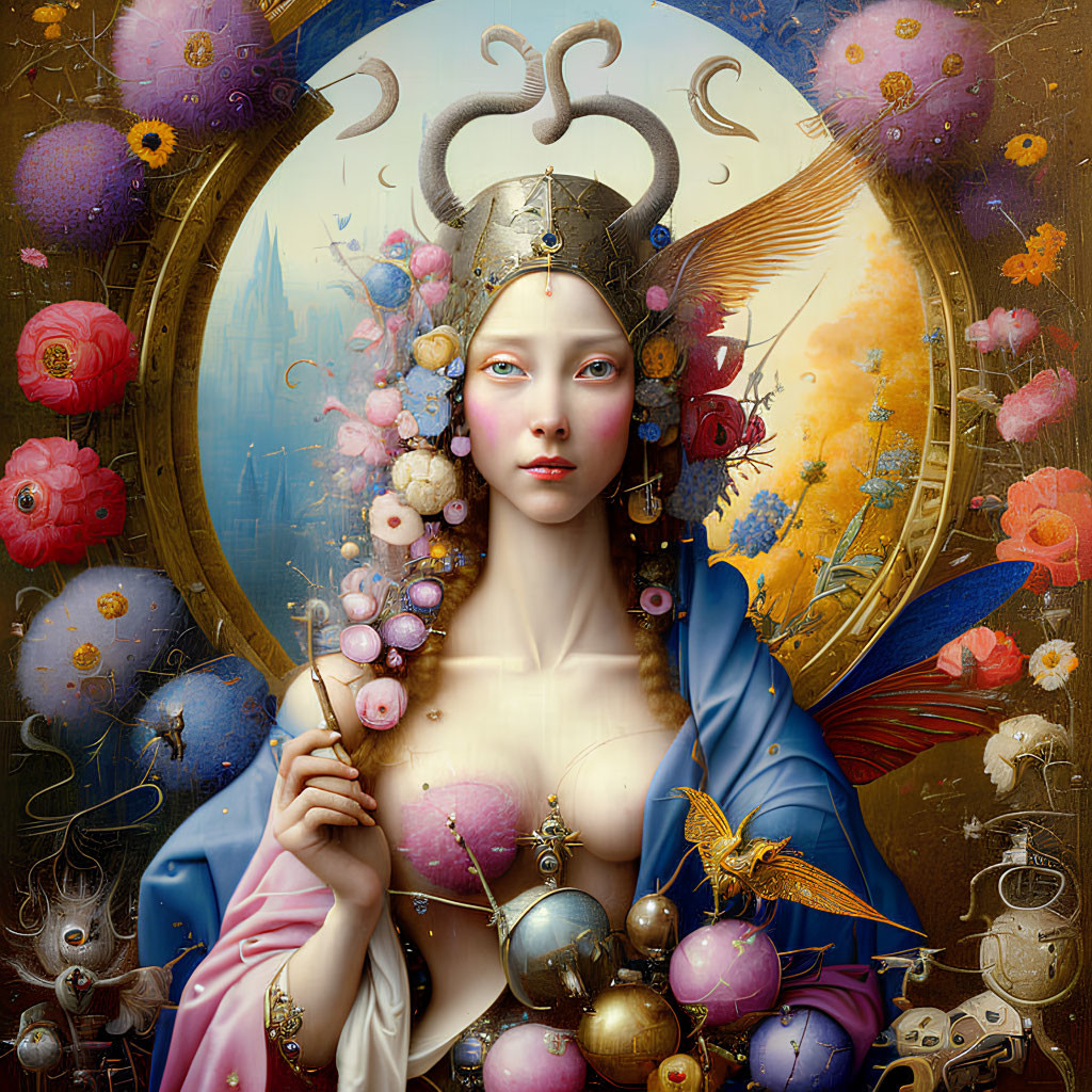 Cosmos-inspired surreal portrait of a woman with ornate headdress