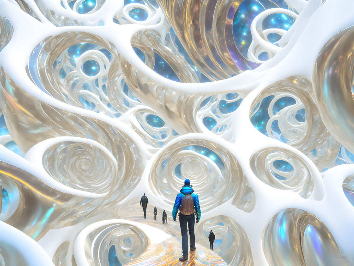 Blue Beanie Person in Surreal Organic Corridor with Iridescent Walls
