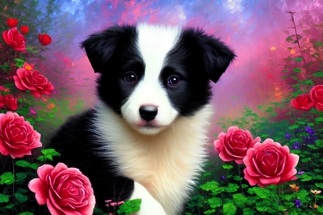 Black and White Puppy with Bright Eyes Among Red Roses and Colorful Background