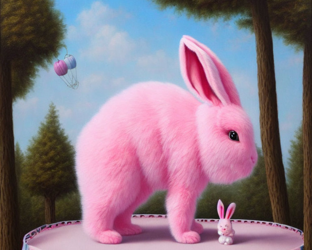 Whimsical painting of oversized pink rabbit in forest circus setting