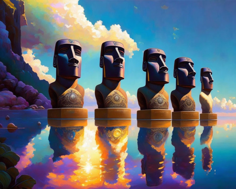 Stylized statues resembling Easter Island heads at sunset with reflections