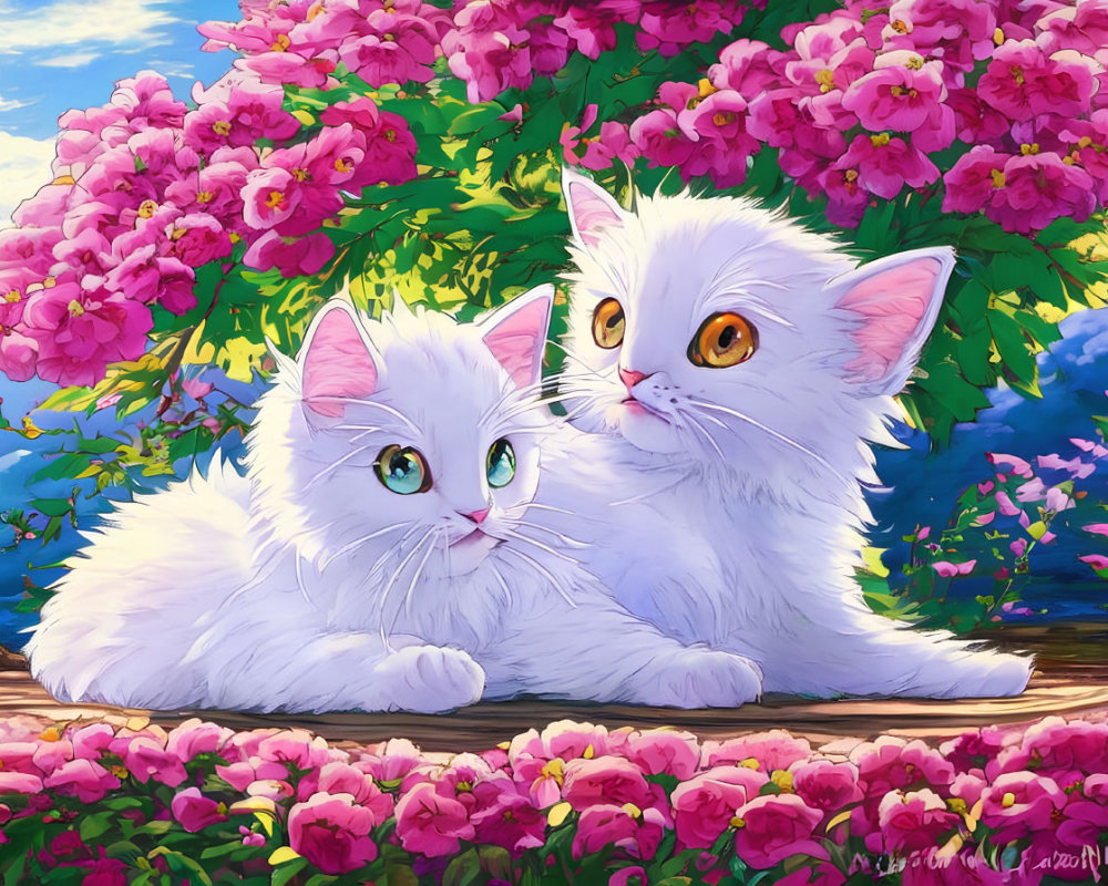Fluffy white cats with vibrant eyes in front of pink flowers
