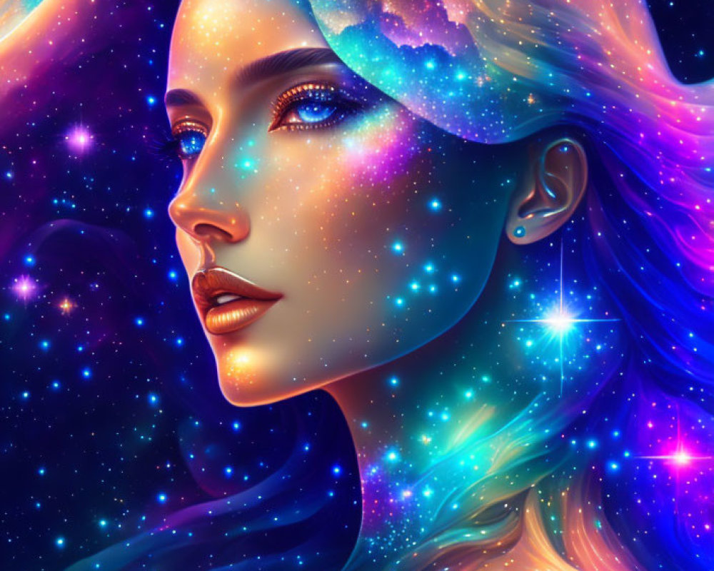Cosmic-themed portrait of a woman with stars, galaxies, and nebulae on skin and hair