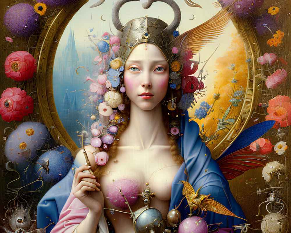 Cosmos-inspired surreal portrait of a woman with ornate headdress