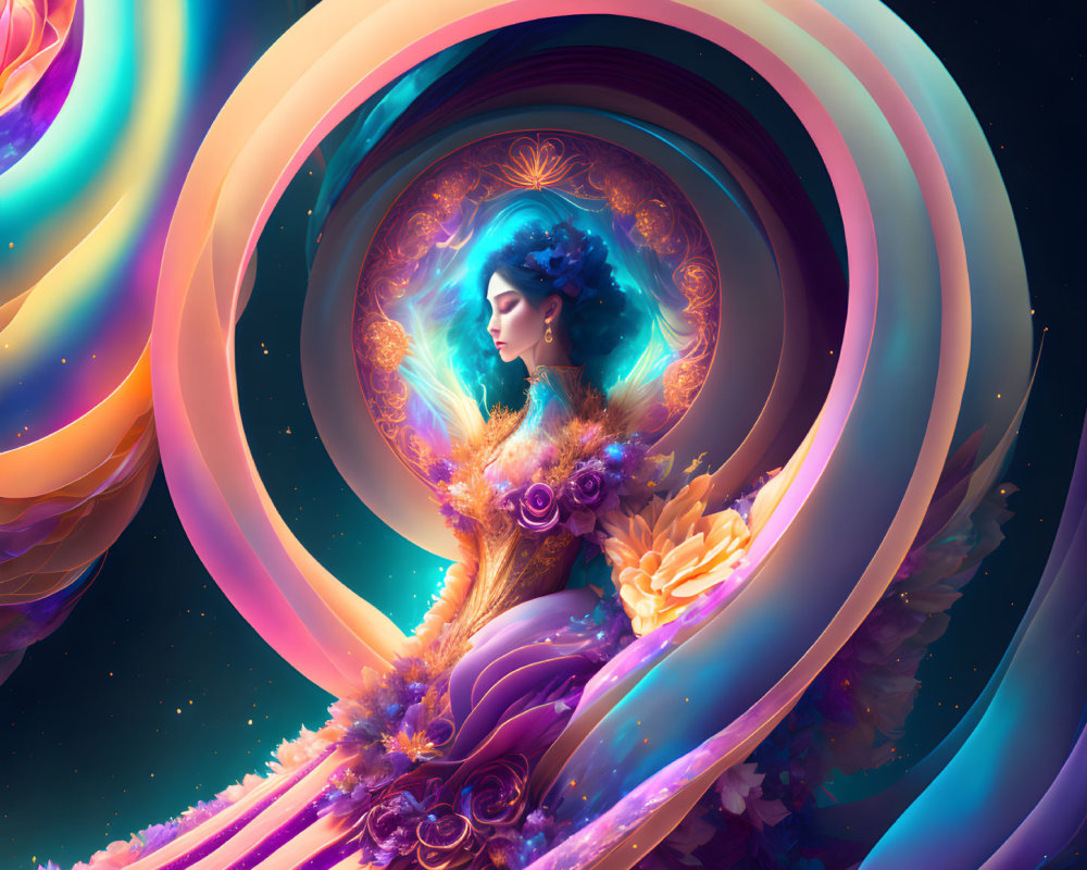Colorful digital artwork featuring woman surrounded by swirling, iridescent layers.