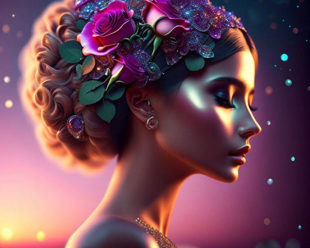 Elaborate Rose-Adorned Hairstyle with Jewels and Leaves on Dreamy Background