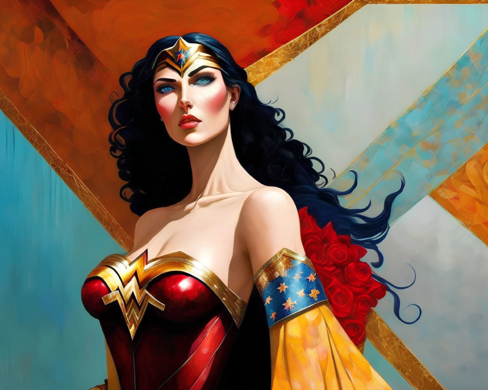 Vibrant Wonder Woman illustration with flowing black hair and iconic costume colors