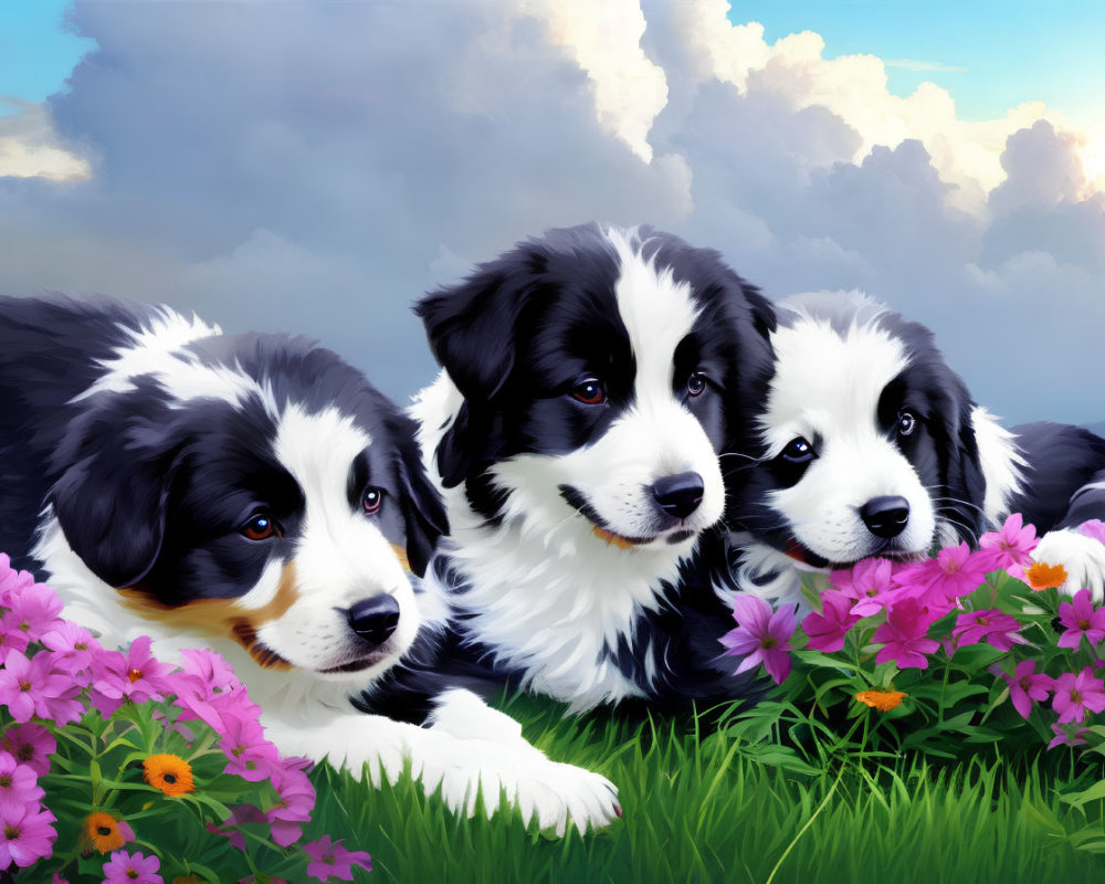 Three Bernese Mountain puppies in field with purple and orange flowers under cloudy blue sky