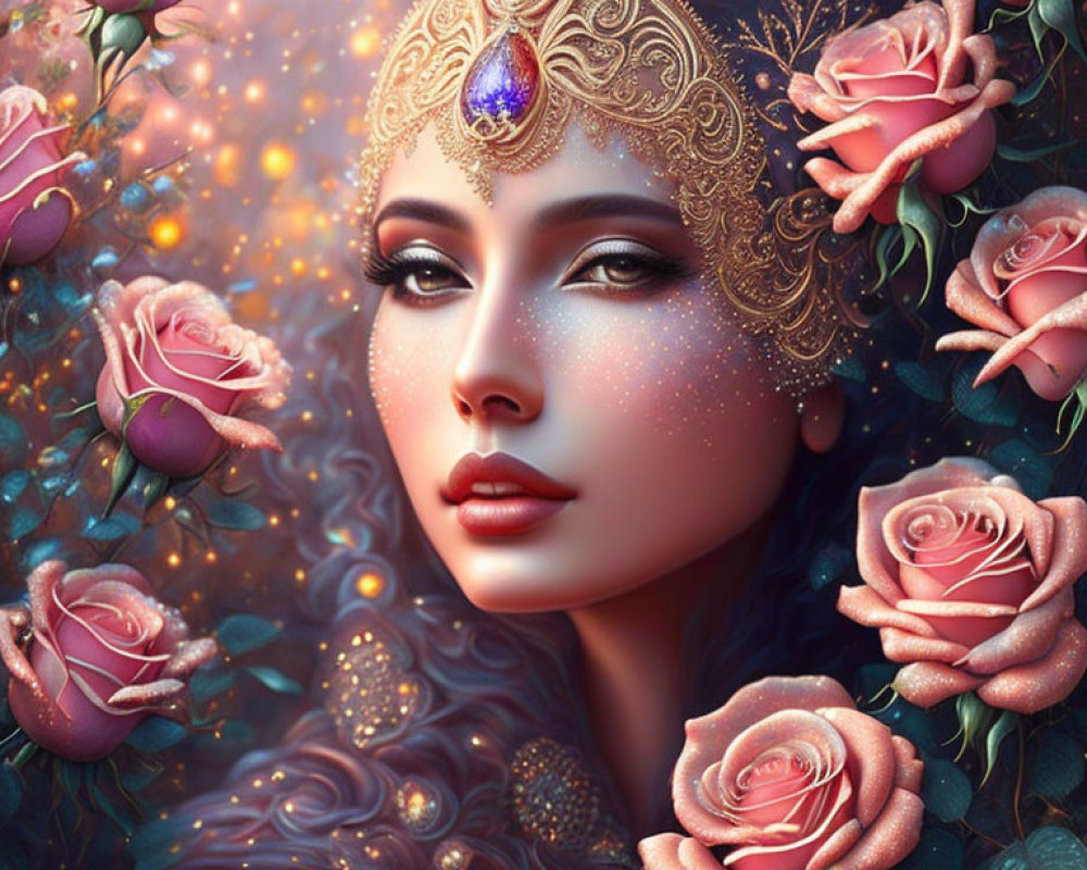 Fantasy woman digital art with ornate headpiece and pink roses