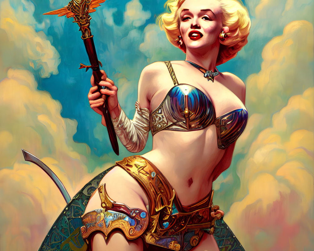 Fantasy warrior woman with spear in stylized illustration