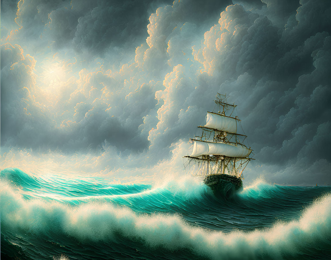 Tall ship sailing on turbulent sea waves under dramatic sky